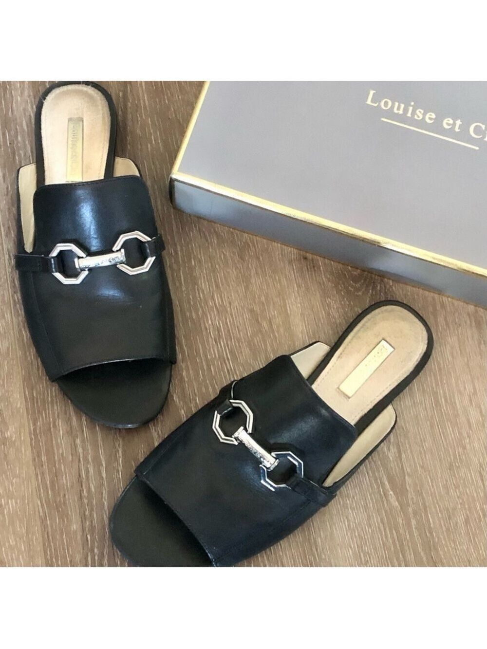 Louise et Cie Black Mules Leather with Silver Horsebit Detail Open-toe size 7.5